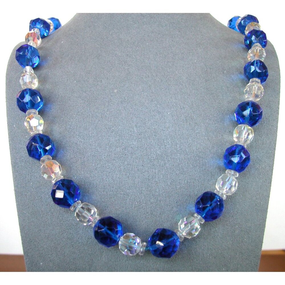 Vintage Blue & Clear Faceted Glass Bead Necklace 22"